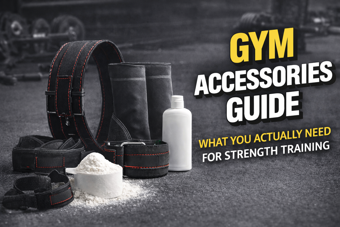 Horizontal gym accessories guide image showing lifting belt, wrist wraps, straps and chalk for strength training