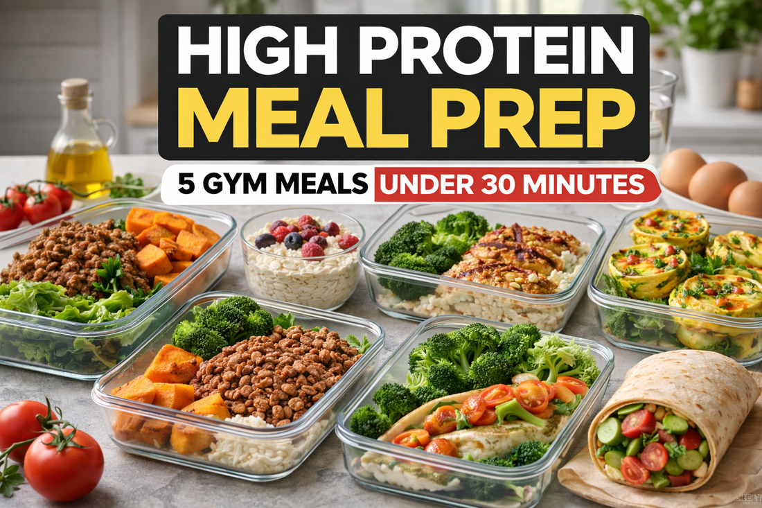 High protein meal prep containers with chicken, beef, vegetables, oats, and wraps arranged on a kitchen bench, showcasing quick gym meals under 30 minutes