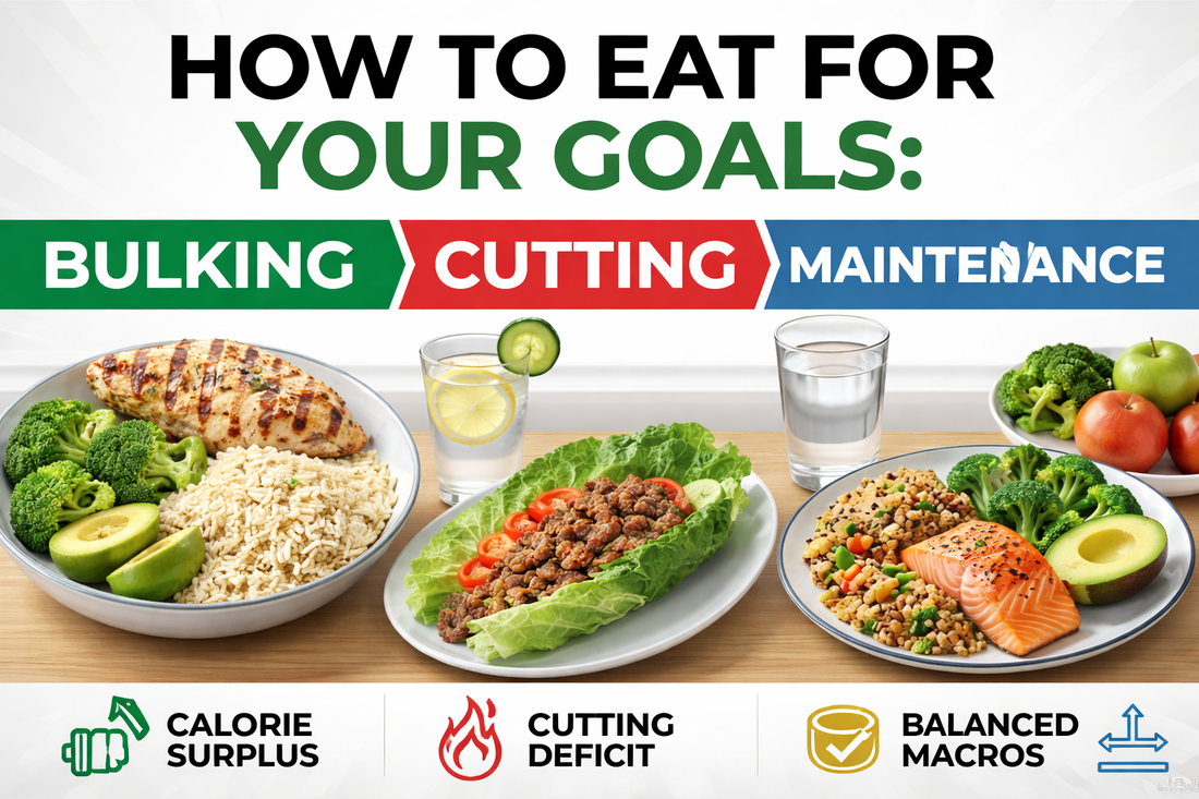 Bulking vs cutting vs maintenance diet comparison showing meals for muscle gain, fat loss and balanced nutrition.