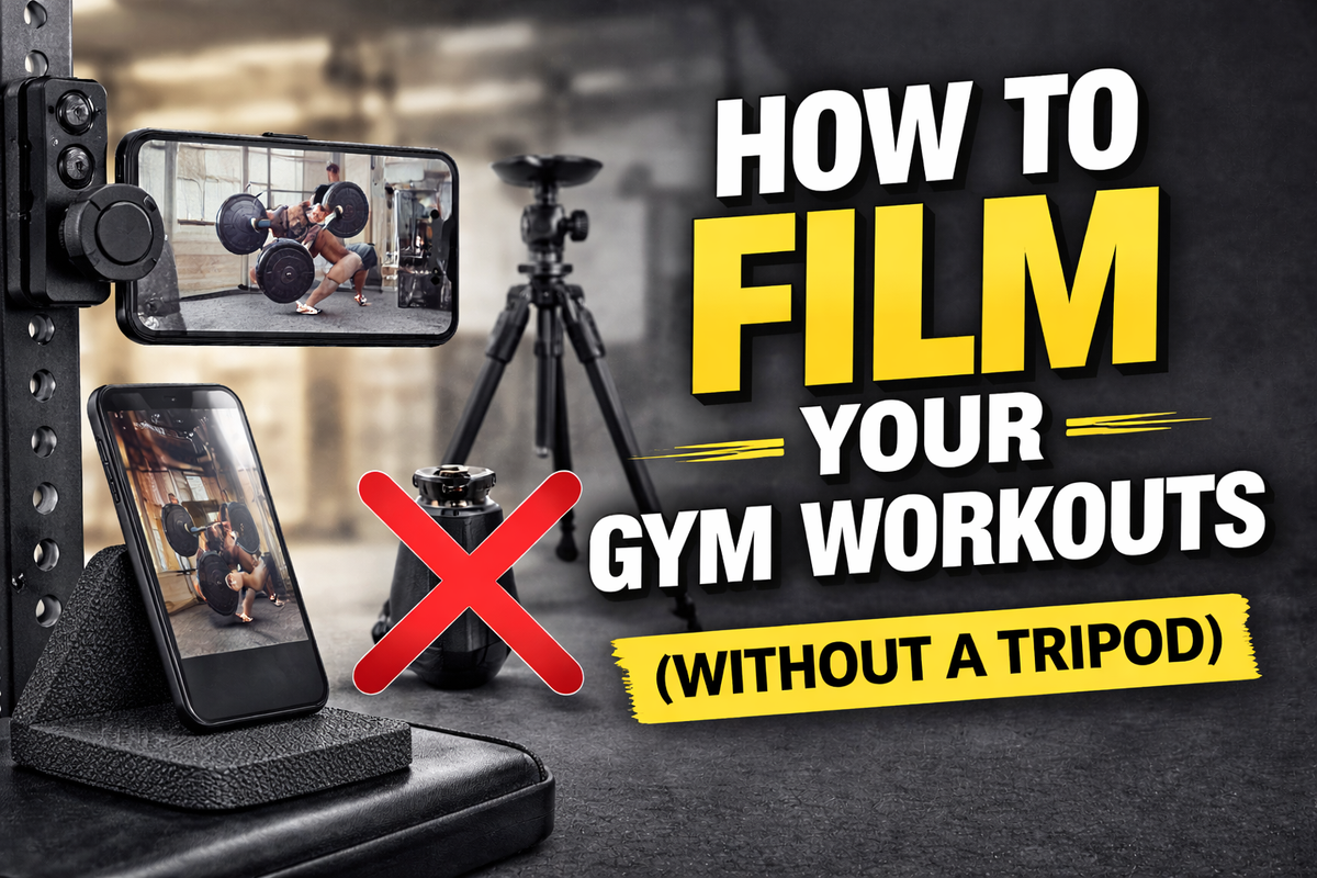 Horizontal thumbnail showing how to film gym workouts using a magnetic phone holder and grip pad without a tripod