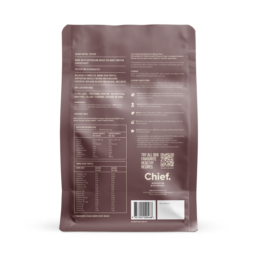 Grass-fed Whey Protein Powder - Smooth Chocolate (30 serves)