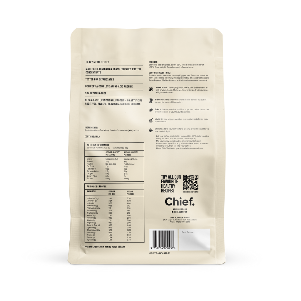 Grass-fed Whey Protein Powder - Unflavoured (30 serves)