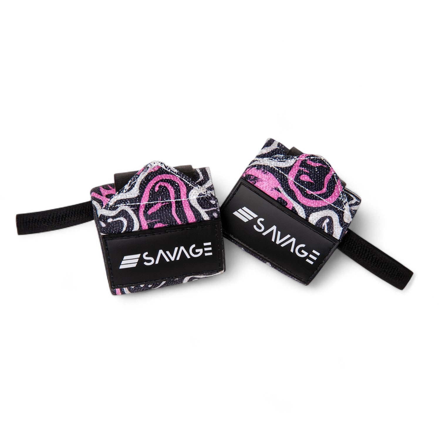 Two wrist wraps with pink and black design and 'Savage' branding on a white background.