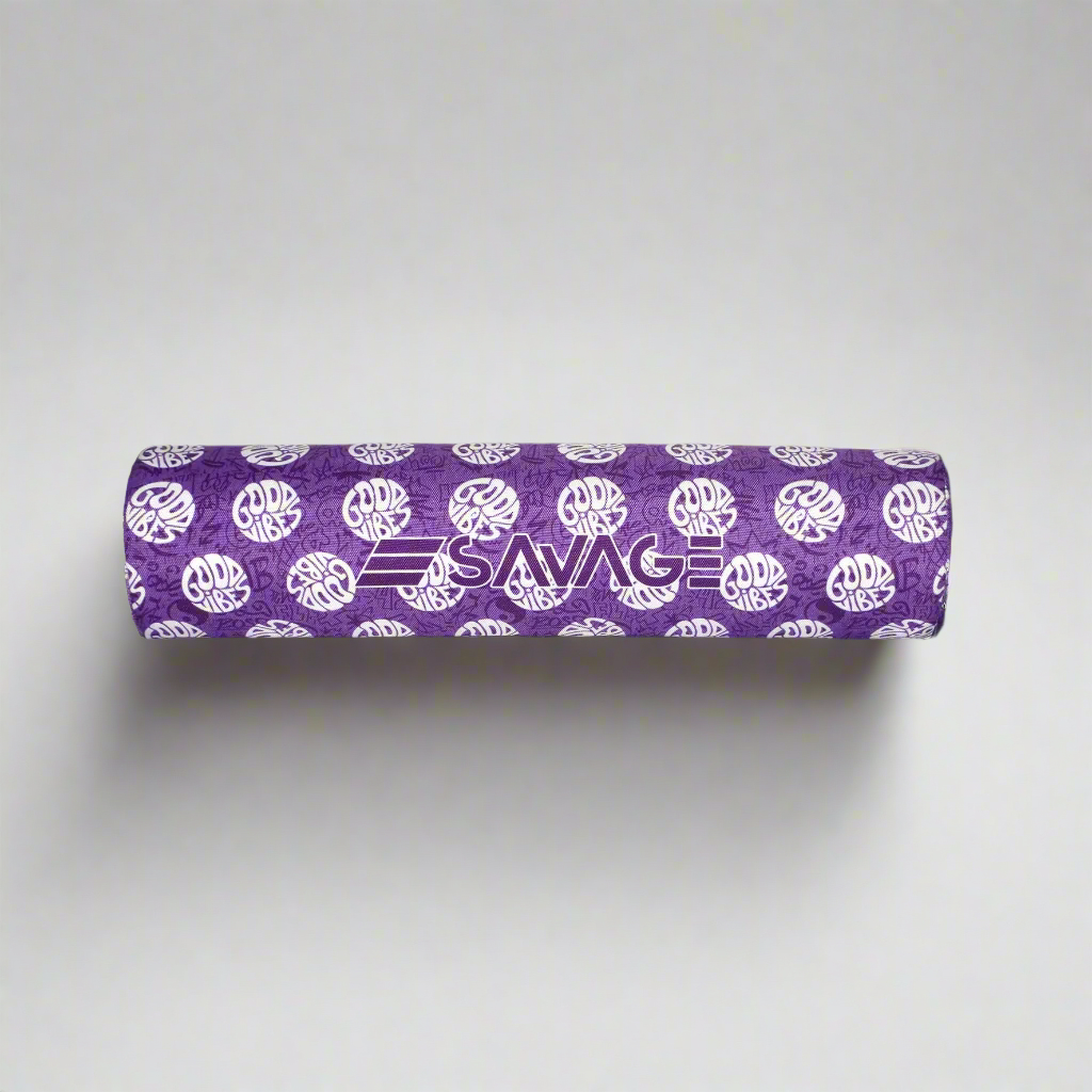 Purple exercise ball cover with white patterns and 'Savage' branding on a white background