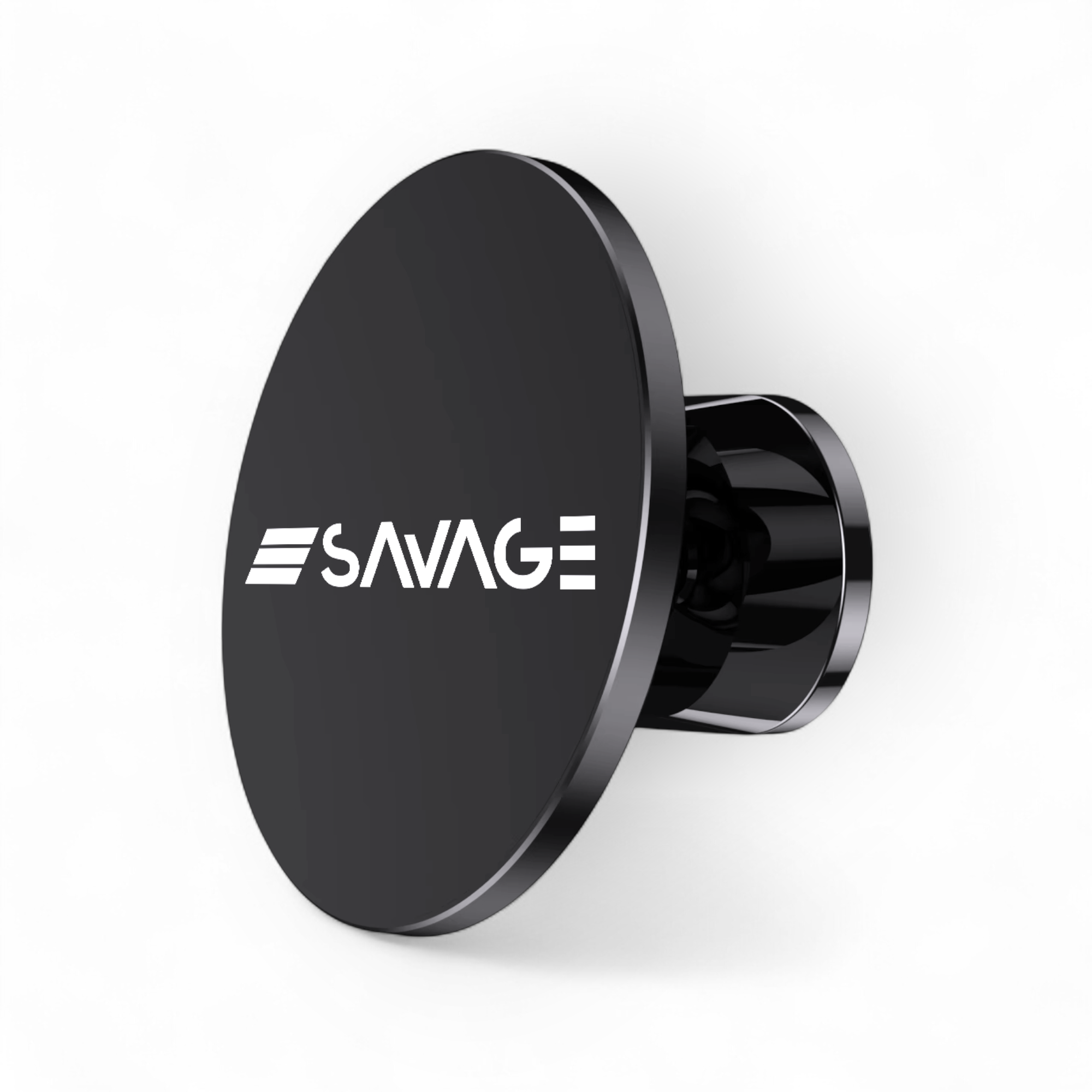 Black phone holder with 'SAVAGE' logo on a white background
