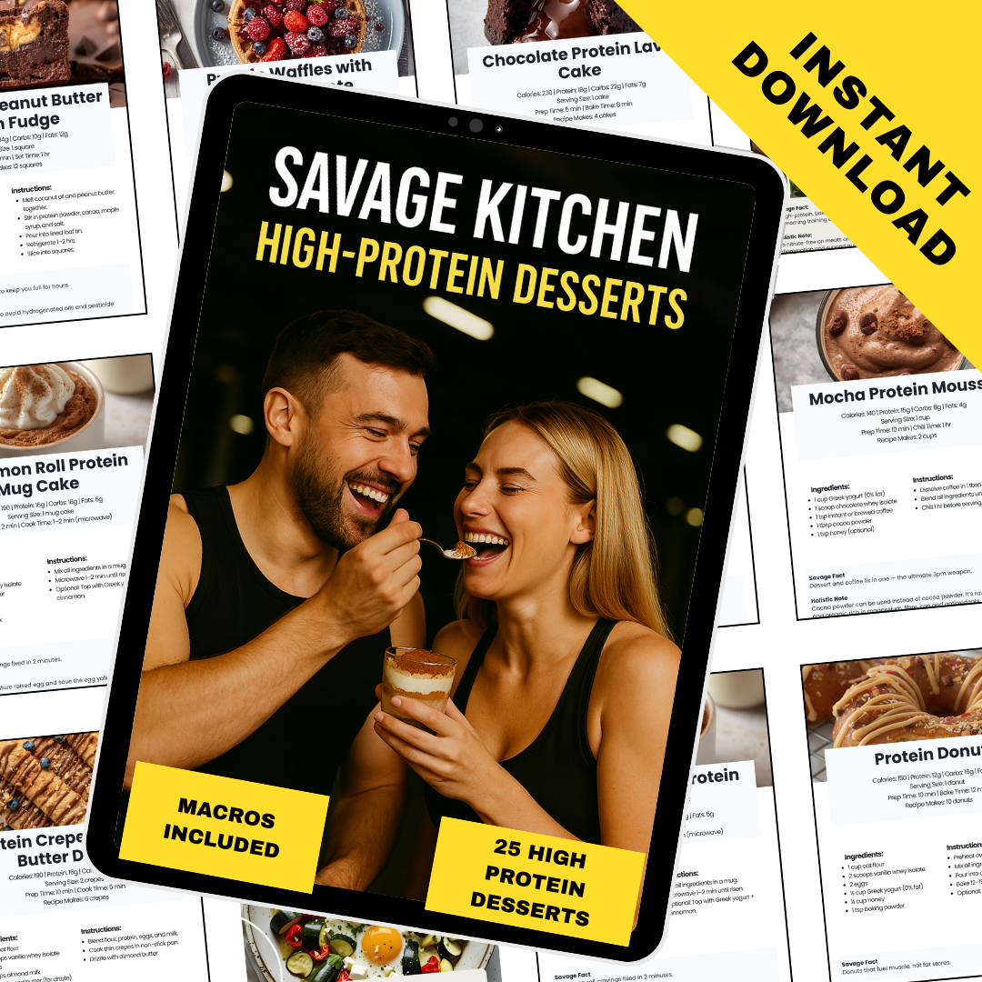 Promotional graphic for 'Savage Kitchen High-Protein Desserts' with a couple enjoying dessert, surrounded by recipe pages.