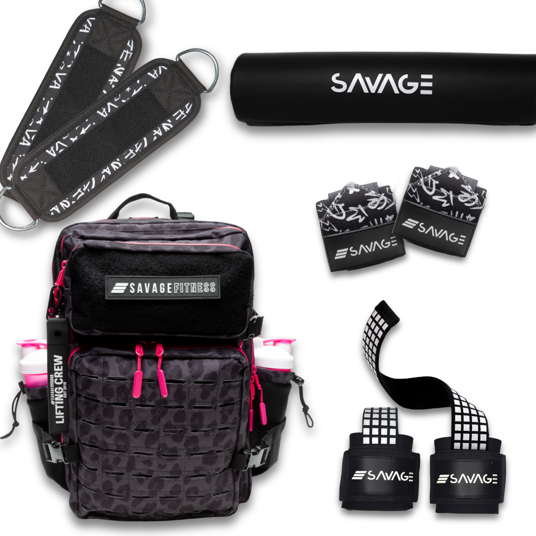 Savage Complete Tactical Bundle with Shadows backpack, barbell pad, lifting straps, ankle straps and wrist wraps for serious lifters.