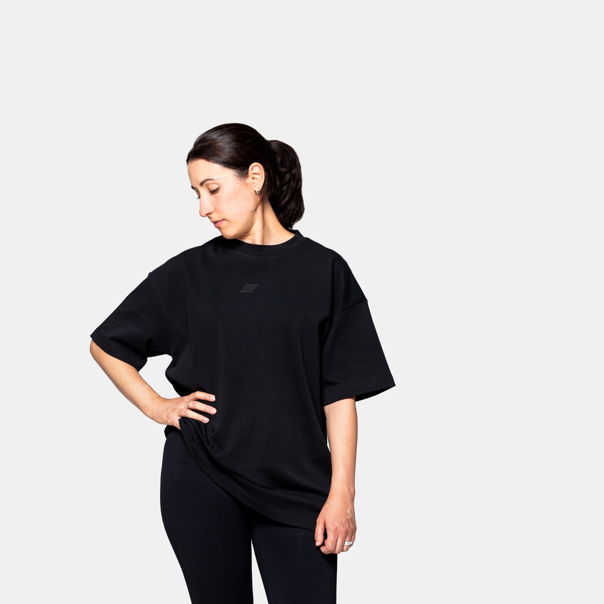 Savage Fitness oversized black tee womens front view relaxed fit gym shirt