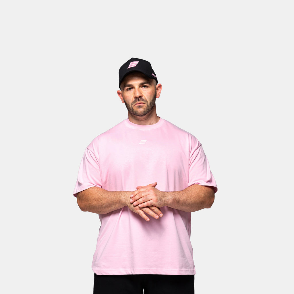 Savage Fitness oversized pink tee mens side profile gym apparel