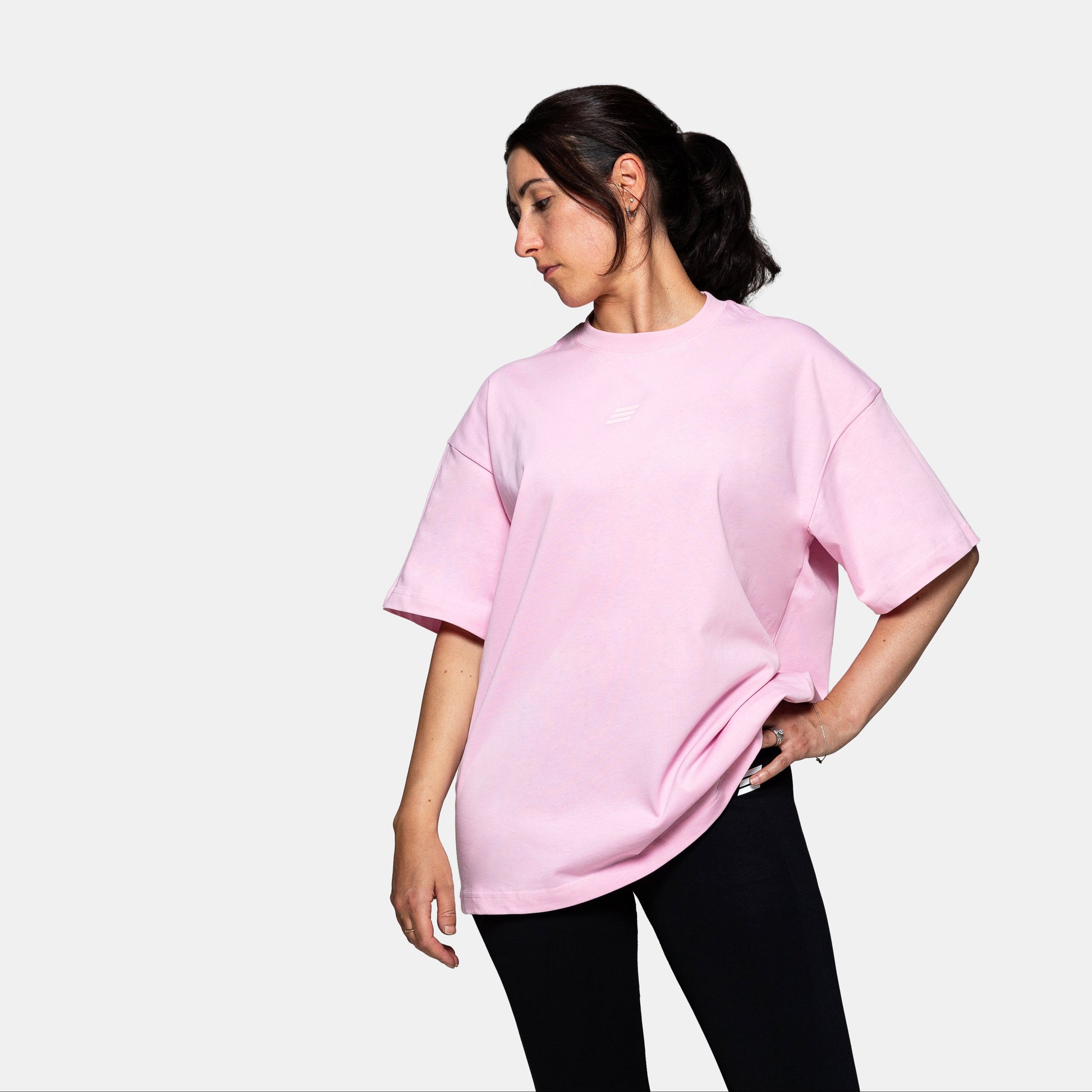 Savage Fitness oversized pink tee womens front view relaxed fit gym shirt