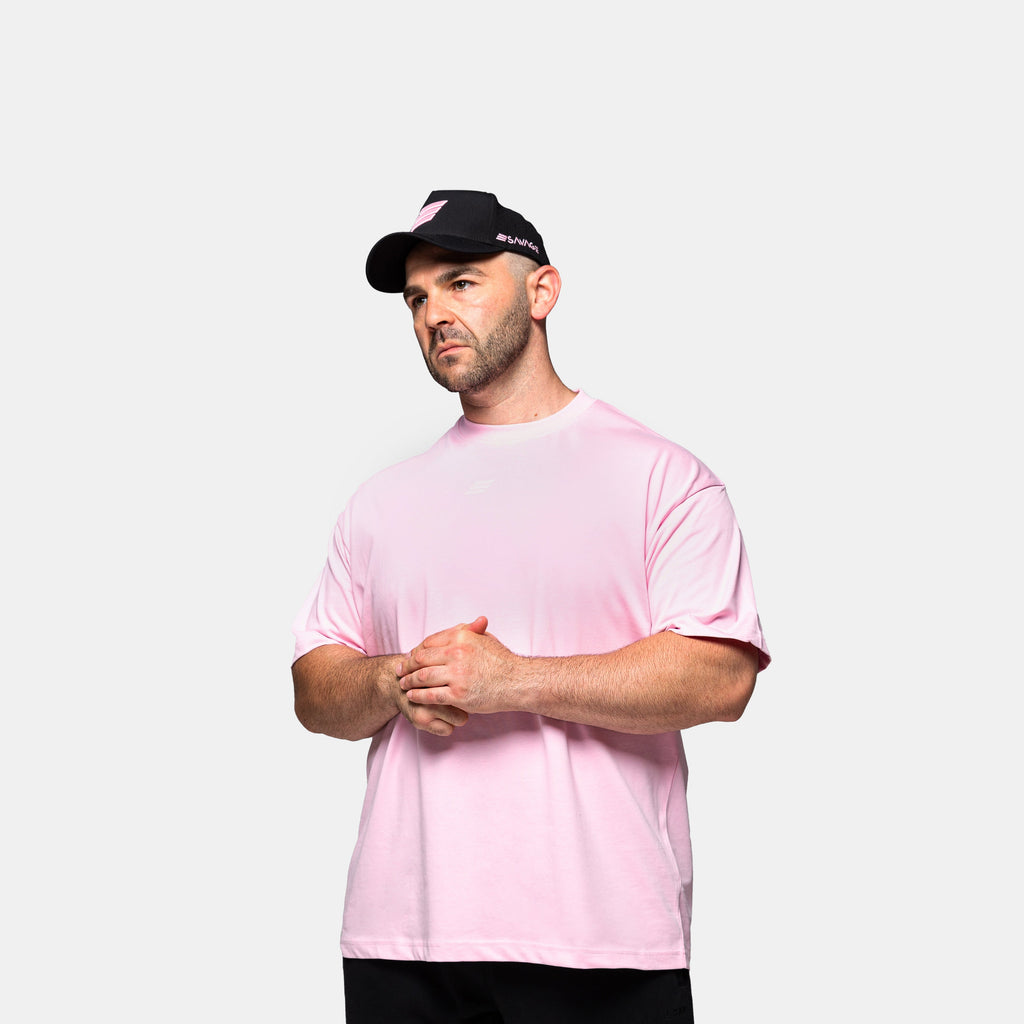 Savage Fitness oversized pink tee mens side profile gym apparel