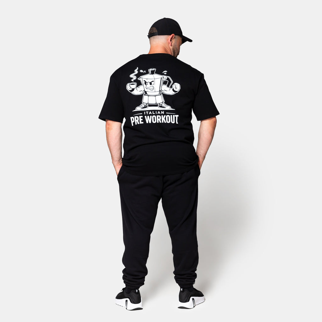 Savage Italian Pre Workout Tee black mens back view with Italian Pre Workout graphic