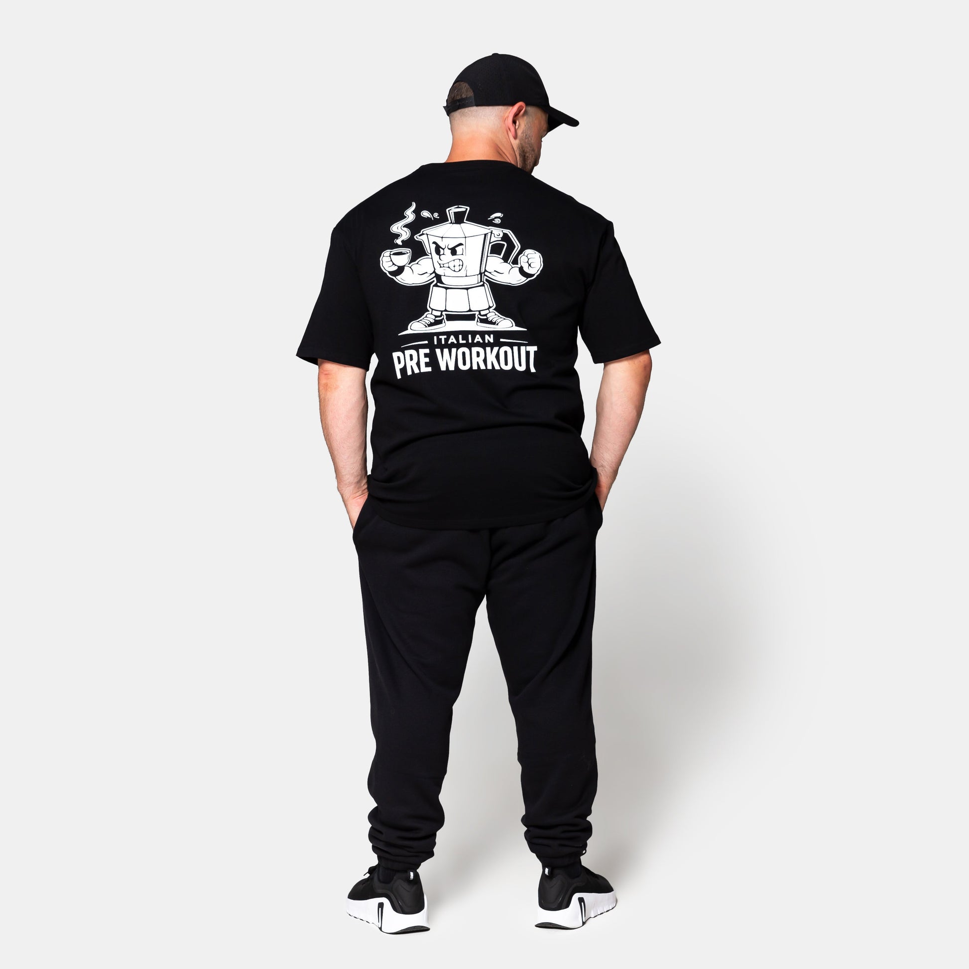 Savage Italian Pre Workout Tee black mens back view with Italian Pre Workout graphic