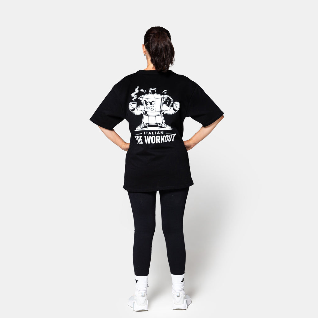 Savage Italian Pre Workout Tee black womens back view with moka pot graphic print