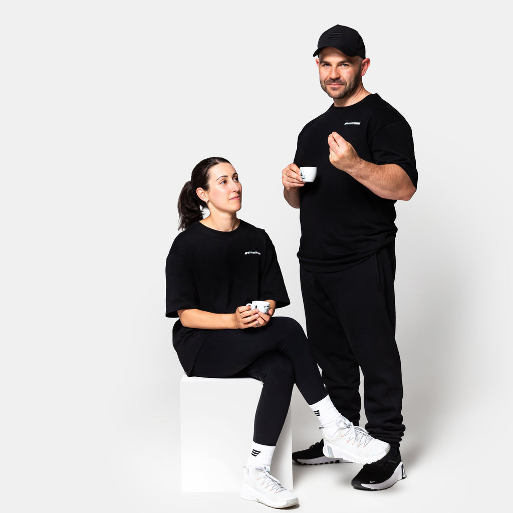 Savage Italian Pre Workout Tee black mens and womens lifestyle image with espresso cups