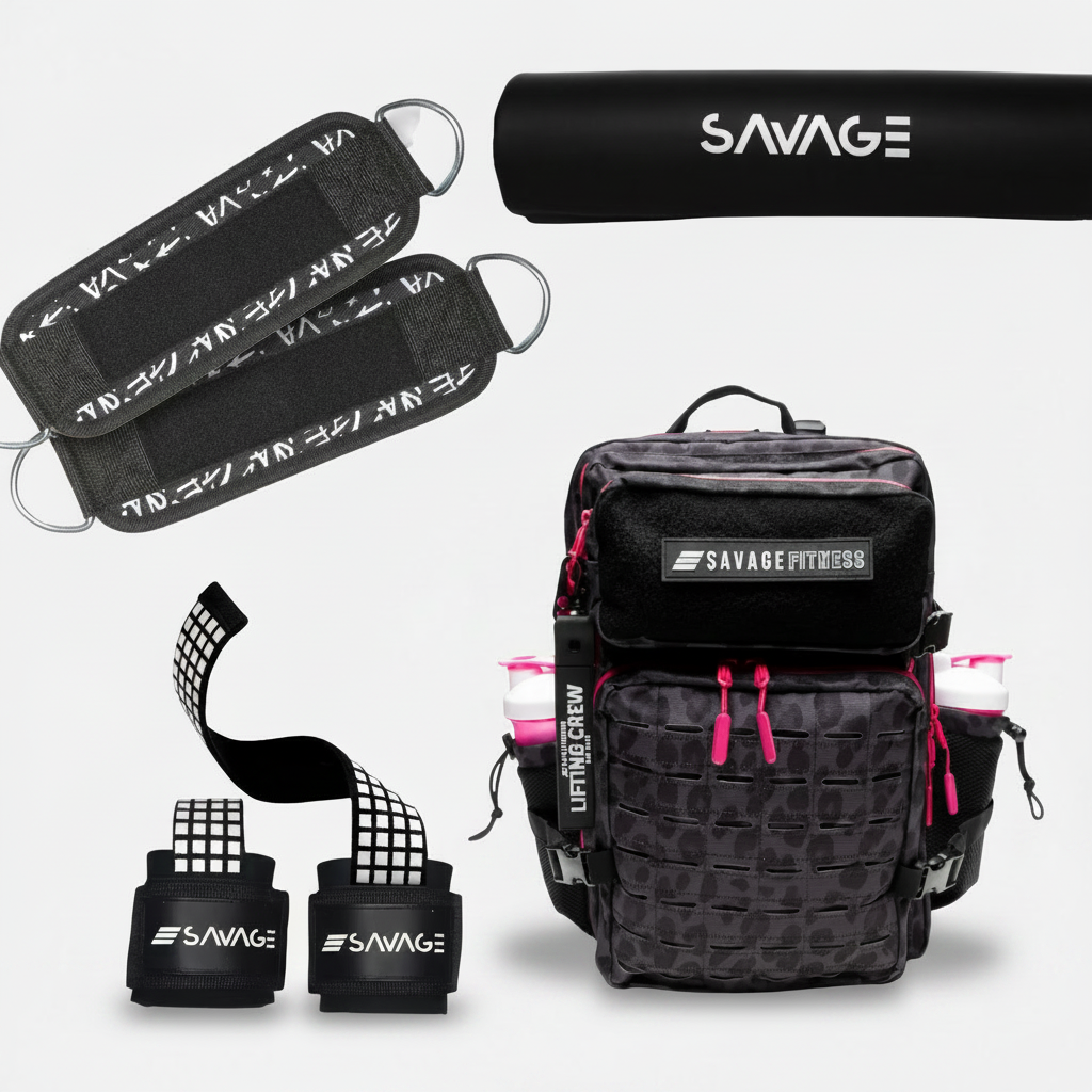 Savage Training Tactical Bundle with Shadows backpack, barbell pad, lifting straps and ankle straps for strength training.