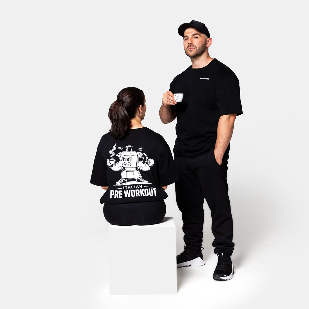 Savage Italian Pre Workout Tee black womens seated back view oversized gym tee