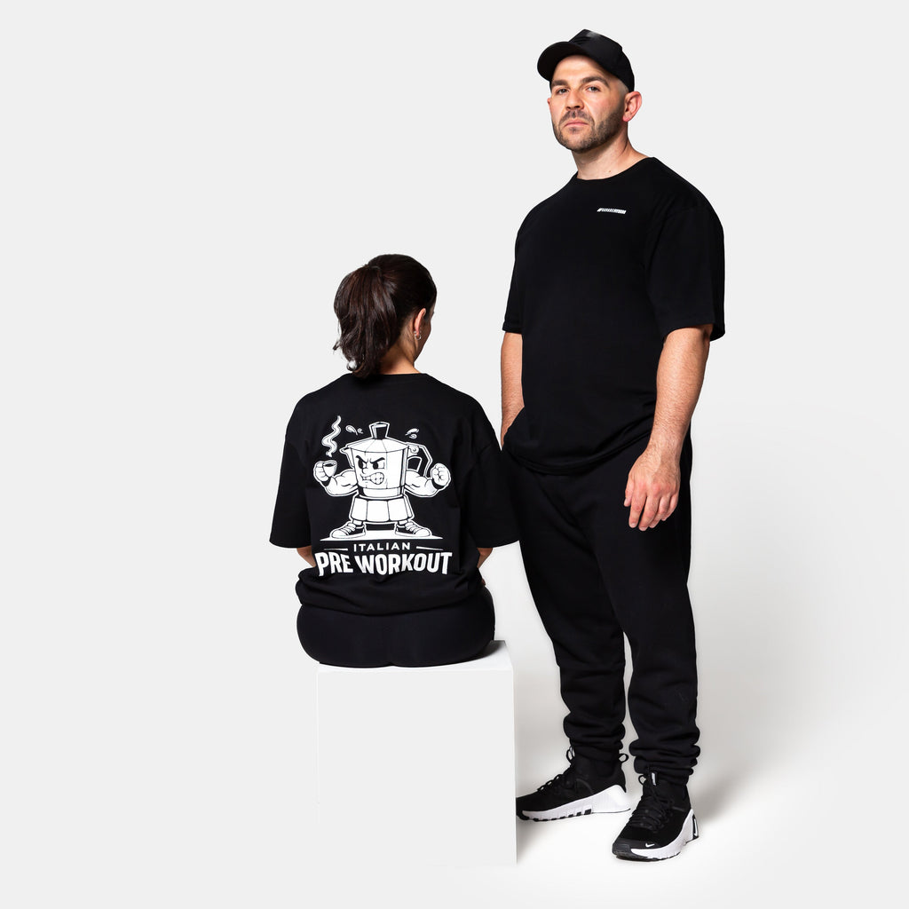 Savage Italian Pre Workout Tee black front and back view mens and womens gym lifestyle